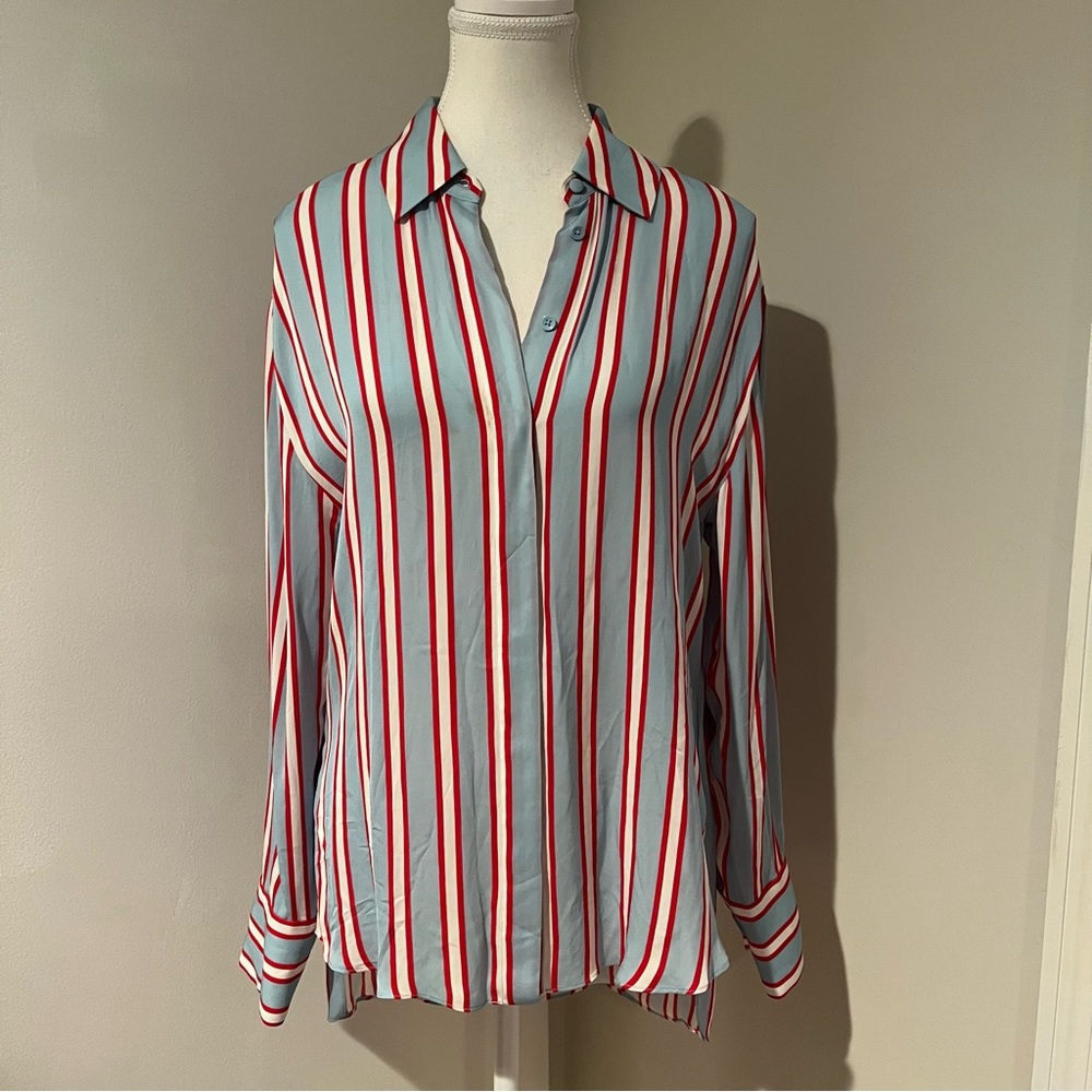 Alice + Olivia Dimitra Striped Button Down Blouse in Light Blue White & Red